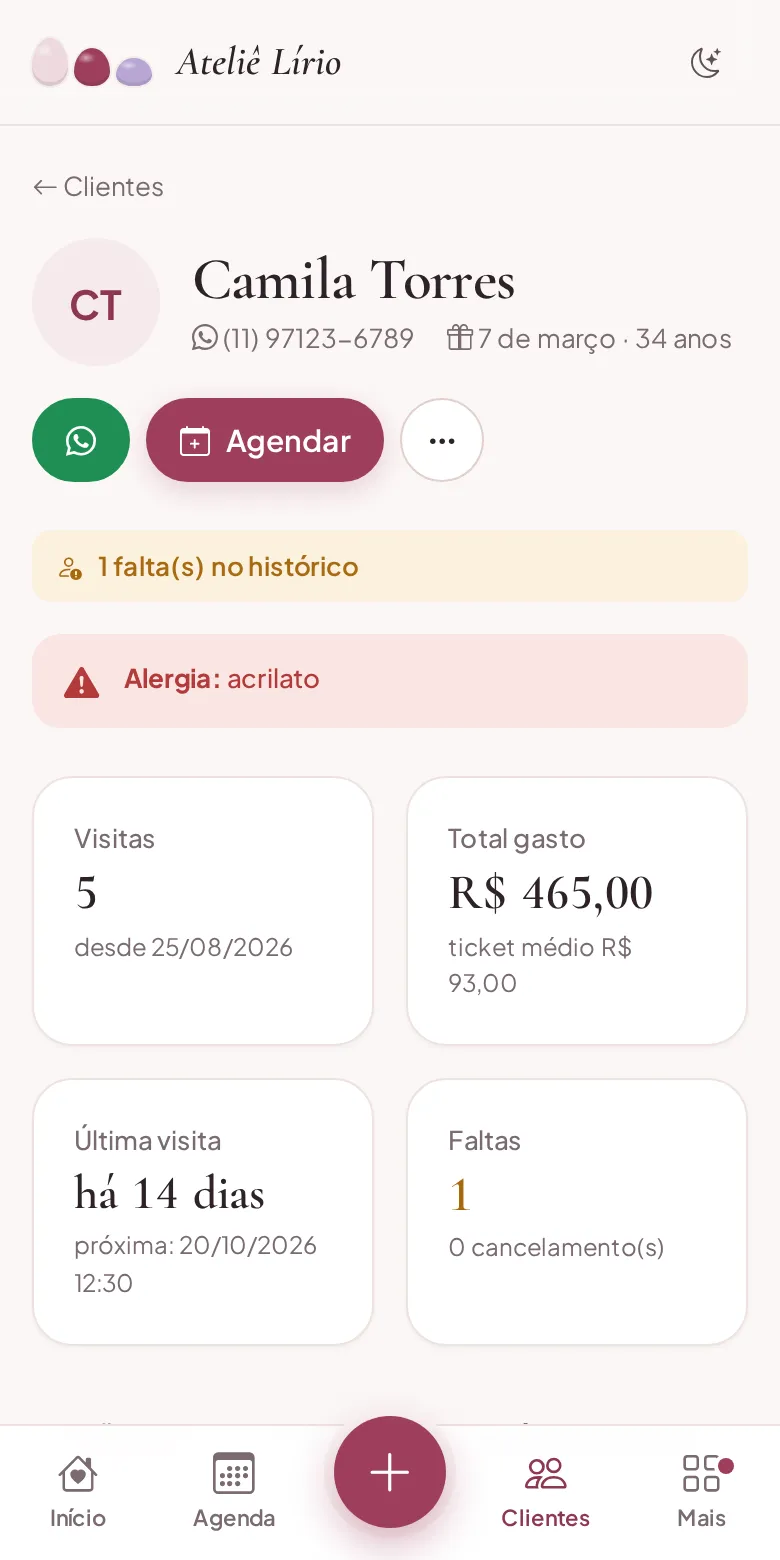 Ficha da cliente com alerta de alergia a acrilato
