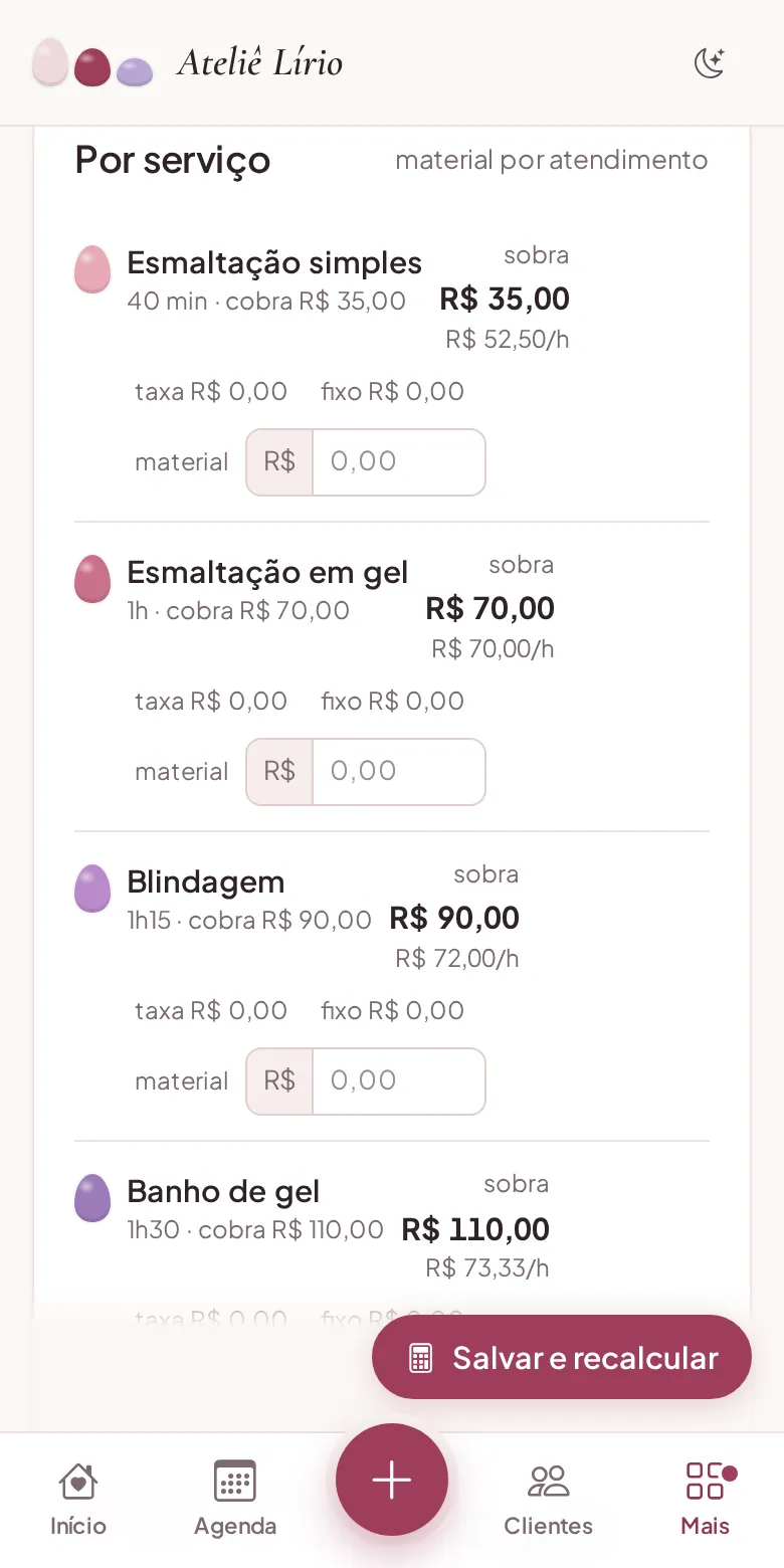 Calculadora de preço e lucro por serviço